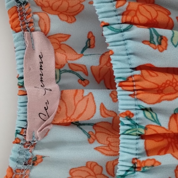Ces Femme cottage floral blouse size small relaxed turquoise coral flutter top - Picture 3 of 5
